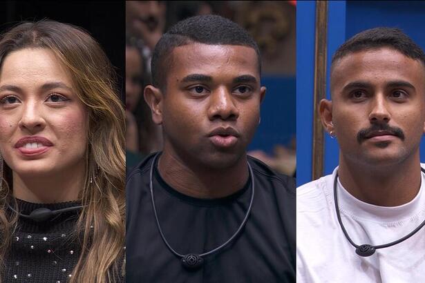 Beatriz, Davi e Lucas Pizane na sala pedindo votos para o 3º Paredão do BBB 24