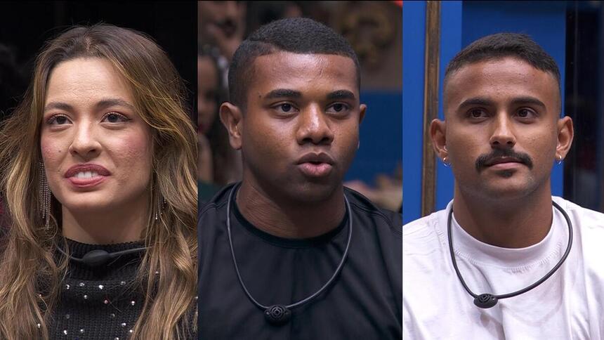 Beatriz, Davi e Lucas Pizane na sala pedindo votos para o 3º Paredão do BBB 24