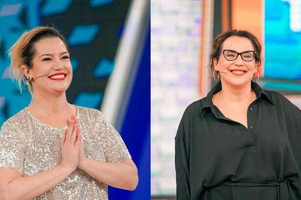 Natália Lage e Ana Beatriz Nogueira sorridentes no palco do Calderião com Mion