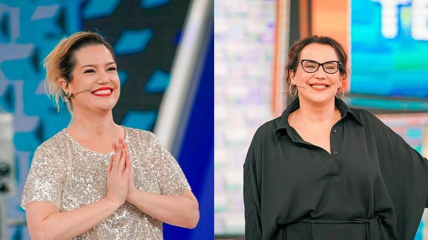 Natália Lage e Ana Beatriz Nogueira sorridentes no palco do Calderião com Mion