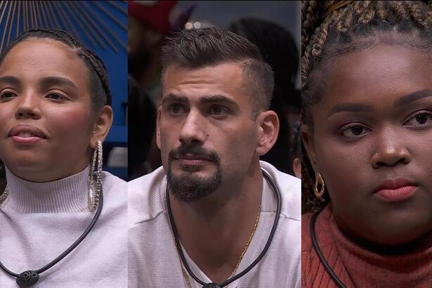 Giovanna Pitel, Nizam e Raquele sentados no sofá do BBB 24