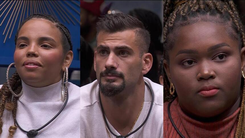 Giovanna Pitel, Nizam e Raquele sentados no sofá do BBB 24