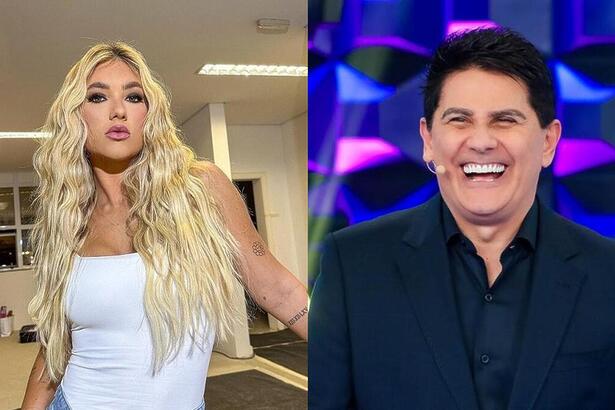 Montagem com Virginia Fonseca com semblante sério nos bastidores do SBT e Cesar Filho sorrindo, no Programa Silvio Santos