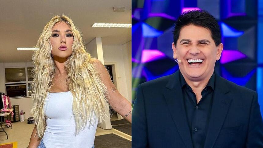 Montagem com Virginia Fonseca com semblante sério nos bastidores do SBT e Cesar Filho sorrindo, no Programa Silvio Santos