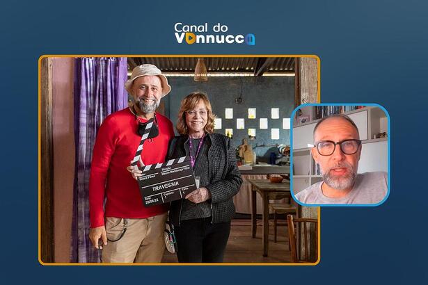Diretor Mauro Mendonça Filho ao lado de Glória Perez na arte da Coluna do Vannucci ao vivo de 15 de fevereiro de 2024