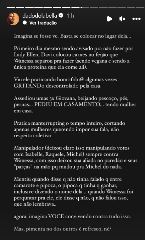 Print da publicação de Dado Dolabella na ferramenta stories do Instagram