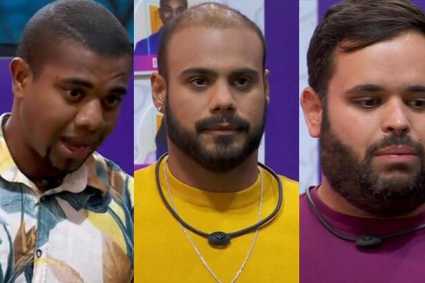 Davi, Marcus e Michel em uma montagem no Sincerão do BBB 24