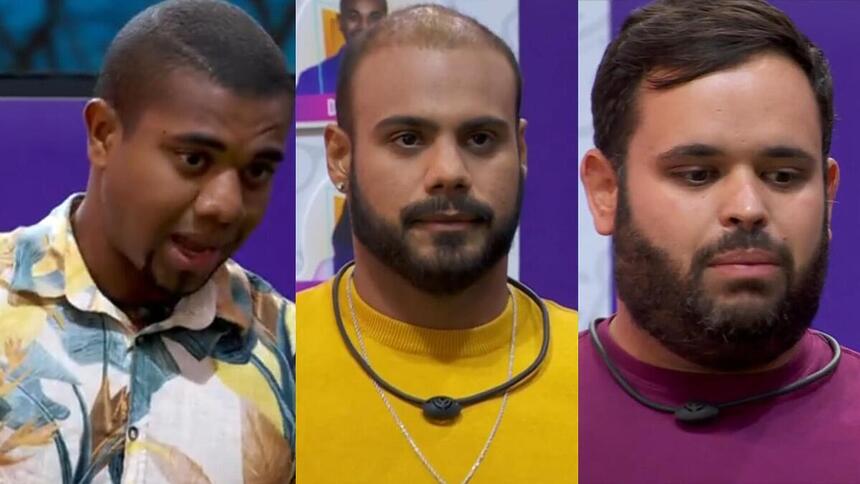 Davi, Marcus e Michel em uma montagem no Sincerão do BBB 24