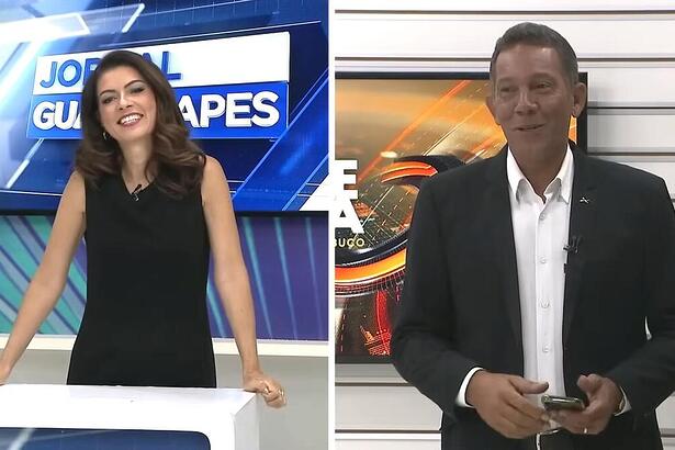 Meiry Lanunce sorrindo ao lado de Washington Gurgel no cenário da TV Guararapes, afiliada da Record