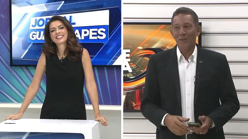 Meiry Lanunce sorrindo ao lado de Washington Gurgel no cenário da TV Guararapes, afiliada da Record