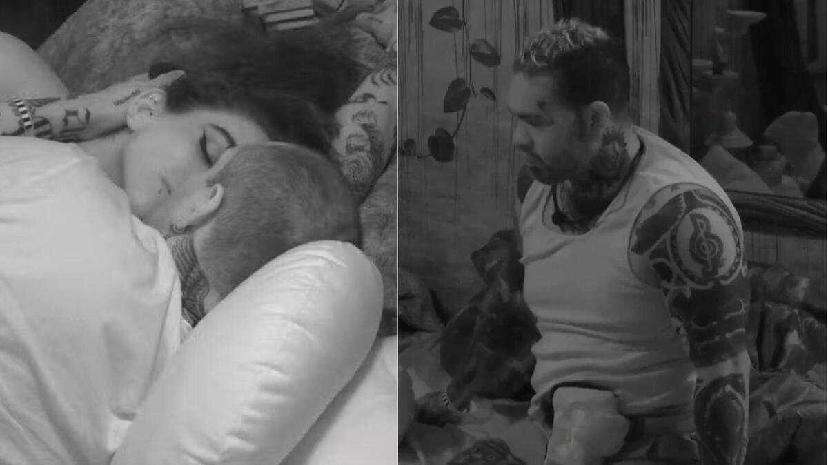 MC Bin e Giovanna trocam carícias no quarto, em montagem com Rodriguinho