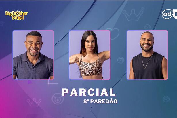 Davi, Isabelle e Marcus Vinicius na arte de parcial da enquete do 8º paredão do BBB 24