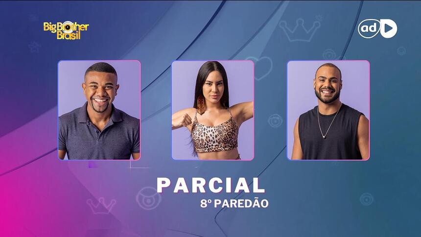 Davi, Isabelle e Marcus Vinicius na arte de parcial da enquete do 8º paredão do BBB 24