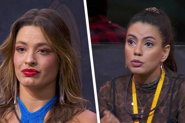 Beatriz de vestido azul olha para a Fernanda que veste um conjunto preto no Sincerão do BBB 24