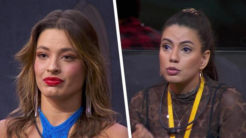 Beatriz de vestido azul olha para a Fernanda que veste um conjunto preto no Sincerão do BBB 24