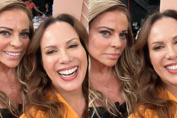 Christina Rocha e Regina Volpato aparecem sorrindo nos corredores do SBT