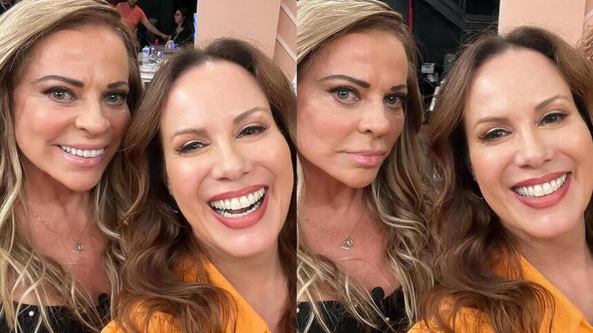 Christina Rocha e Regina Volpato aparecem sorrindo nos corredores do SBT