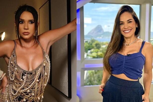 Gizelly Bicalho com vestido de pérolas e Isabele Benito com um conjunto azul. As duas participam do Domingo Legal