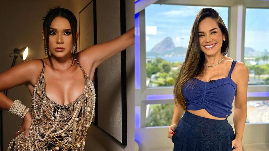 Gizelly Bicalho com vestido de pérolas e Isabele Benito com um conjunto azul. As duas participam do Domingo Legal