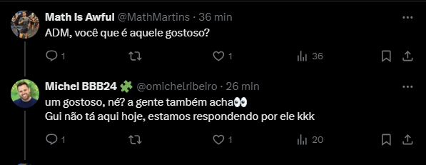 Conversa de Twitter elogiando o amigo de Michel no BBB 24