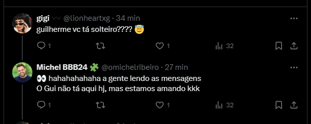 Conversa de Twitter elogiando o amigo de Michel no BBB 24