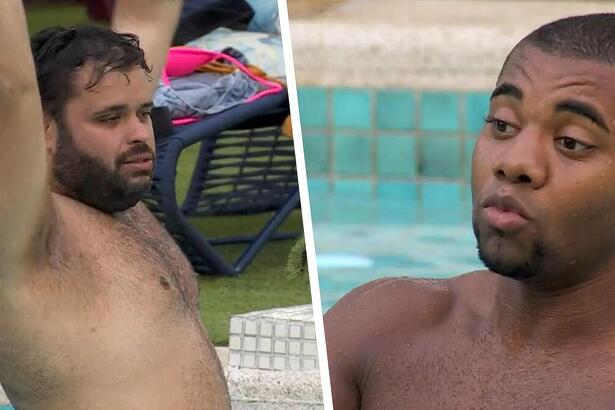 Michel levanta os braços e Davi faz bico na Piscina do BBB 24