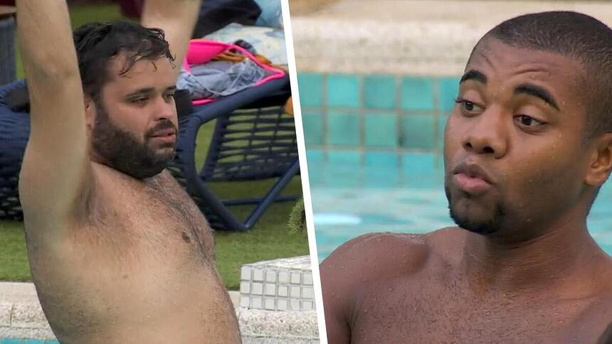 Michel levanta os braços e Davi faz bico na Piscina do BBB 24