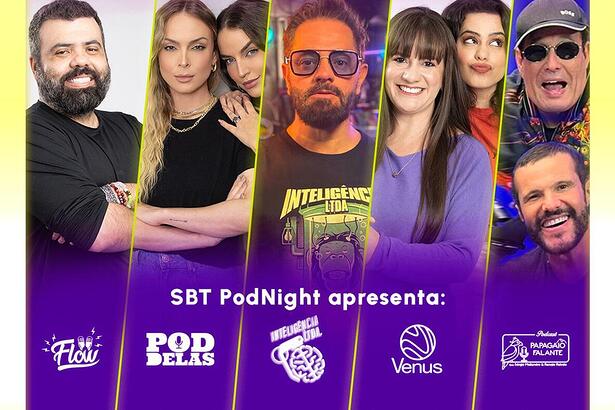 Banner promocional com os podcasts que o SBT apresentará nas madrugadas