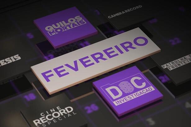 Arte com logos dos programas da Record que estreiam e fevereiro