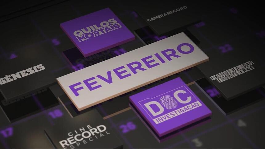 Arte com logos dos programas da Record que estreiam e fevereiro