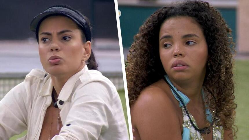 Fernanda e Pitel sentadas no gramado do BBB 24 discutindo