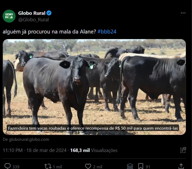 Print do perfil do Globo Rural no Twitter zoando a Alane do BBB 24