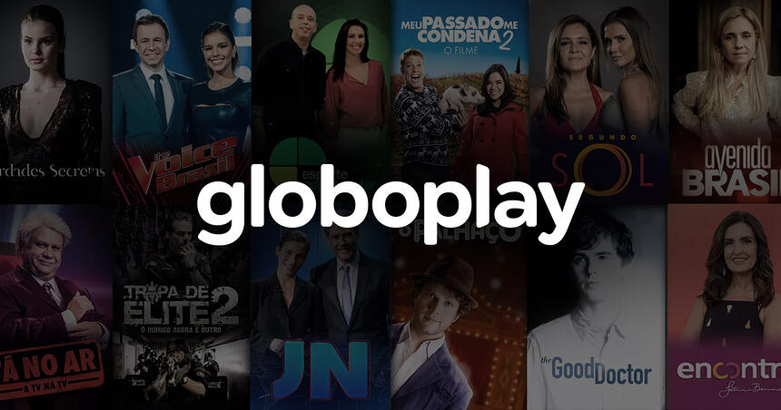 Imagem mostra logomarca do Globoplay com propaganda dos conteúdos disponíveis ao fundo