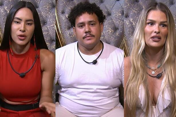 Isabelle, Lucas Henrique e Yasmin Brunet em uma montagem no Paredão do BBB 24