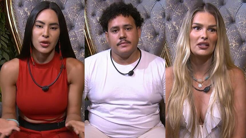 Isabelle, Lucas Henrique e Yasmin Brunet em uma montagem no Paredão do BBB 24