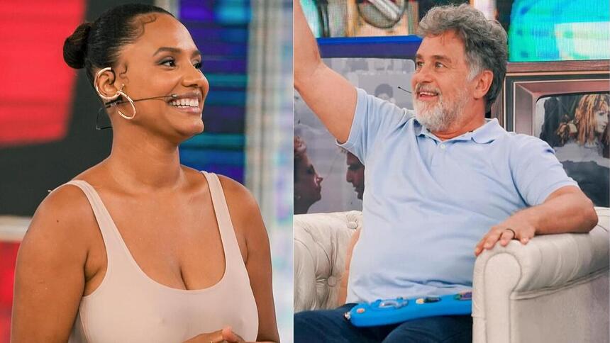 Jéssica Ellen e Marcos Frota em uma montagem no palco do Caldeirão