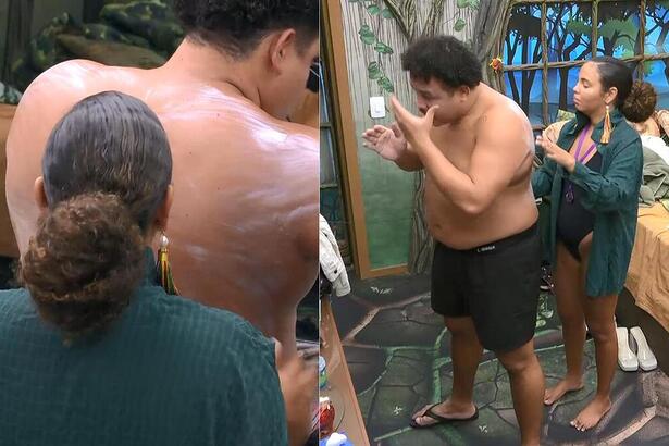 Pitel passando protetor nas costas de Lucas no Quarto Gnomo do BBB 24