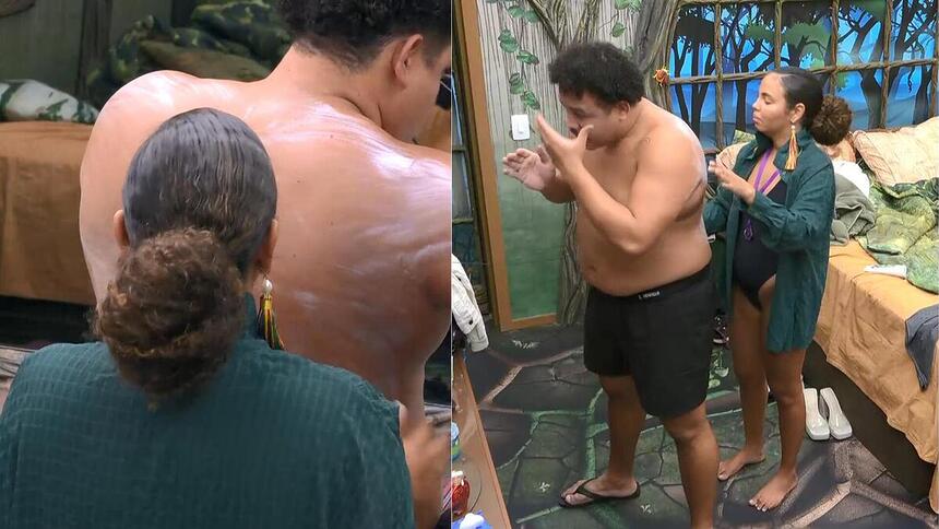 Pitel passando protetor nas costas de Lucas no Quarto Gnomo do BBB 24