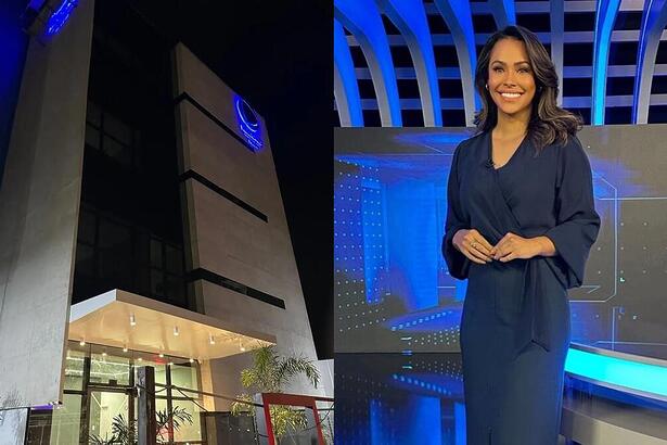 Montagem com a nova sede da Record Belém iluminada e Salcy Lima no Jornal da Record