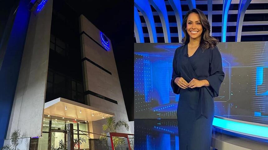 Montagem com a nova sede da Record Belém iluminada e Salcy Lima no Jornal da Record