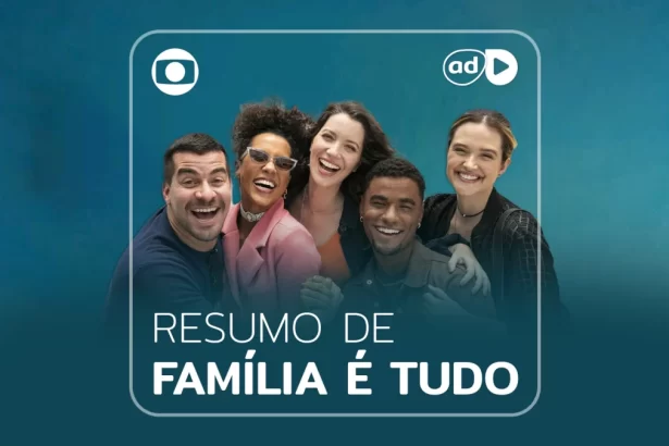 Protagonistas da novela Família é Tudo na arte do resumo dos capítulos