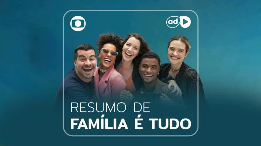 Protagonistas da novela Família é Tudo na arte do resumo dos capítulos