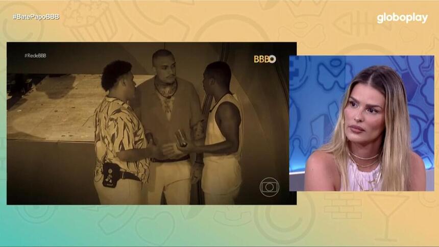 Yasmin assistindo o VAR Davi e os Camarotes no Bate-Papo BBB