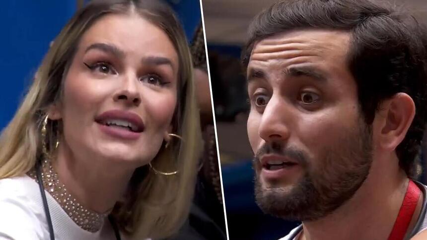 Yasmin e Matteus, em uma montagem em trecho da discussão no BBB 24