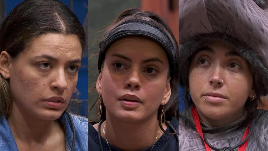 Beatriz, Fernanda e Giovanna pedem votos na sala do BBB 24 com o semblante triste após o 15º Paredão