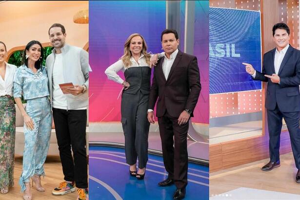 Montagem com os apresentadores do Chega Mais, Tá na Hora e SBT Brasil. Regina Volpato, Michele Barros, Paulo Mathias, Christina Rocha, Marcão do Povo e César Filho