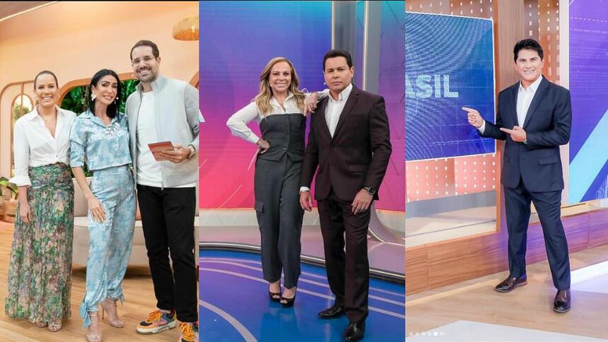 Montagem com os apresentadores do Chega Mais, Tá na Hora e SBT Brasil. Regina Volpato, Michele Barros, Paulo Mathias, Christina Rocha, Marcão do Povo e César Filho