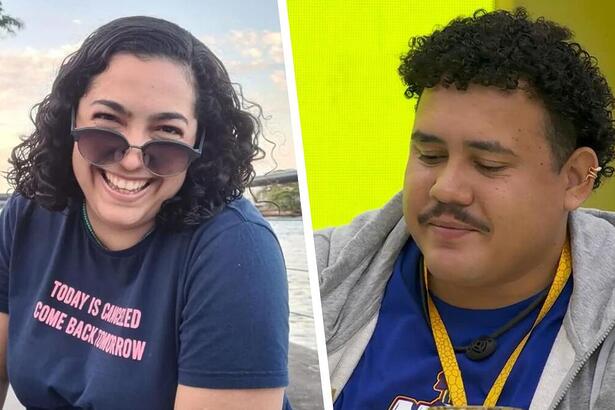 Montagem com Camila Moura, esposa de Lucas sorrindo. Líder do BBB 24 comendo no Almoço do Anjo