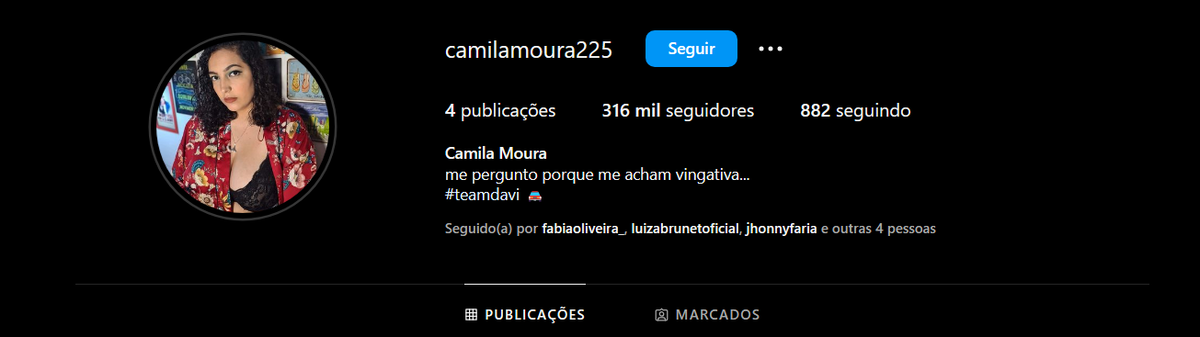 Perfil de Camila Moura com mais de 316 mil seguidores