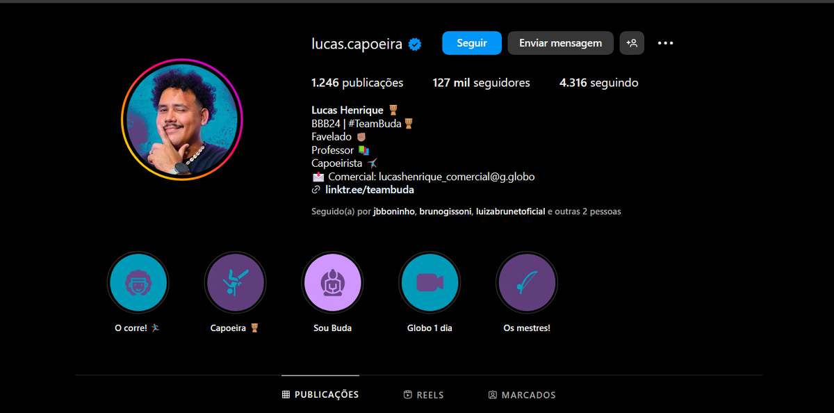 Perfil de Lucas com menos seguidores que o da esposa